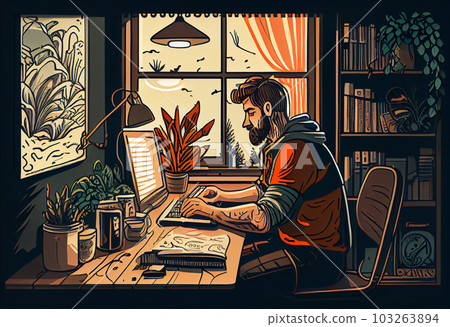 A freelancer man works behind a laptop. Home office workplace. Generate Ai. A freelancer man works behind a laptop. Home office workplace. Generate Ai. 103263894