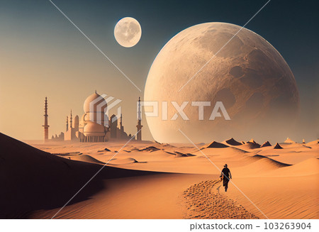 A man walking towards a large moon in a desert with a large mosque in the background . Generate Ai. A man walking towards a large moon in a desert with a large mosque in the background . Generate Ai. 103263904