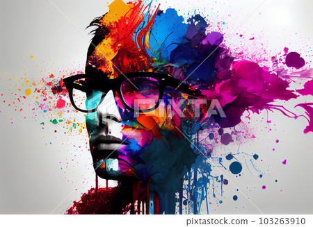 a person with glasses in rainbow color splash. Generate Ai. 103263910
