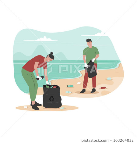 Flat design of people cleaning up beach from wastes. Illustration for website, landing page, mobile app, poster and banner. Trendy flat vector illustration Flat design of people cleaning up beach from wastes. Illustration for website, landing page, mobile app, poster and banner. Trendy flat vector illustration 103264032