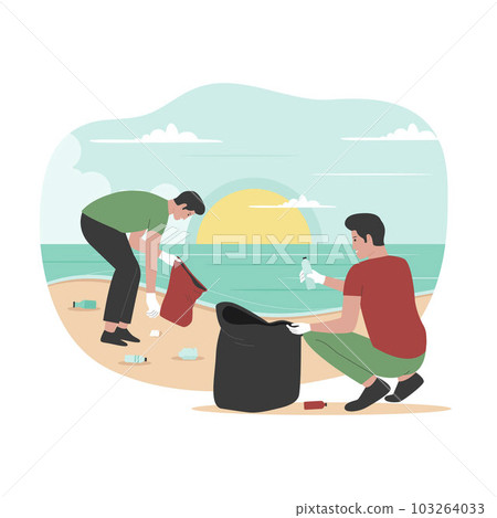 Flat design of people cleaning up beach from wastes. Illustration for website, landing page, mobile app, poster and banner. Trendy flat vector illustration Flat design of people cleaning up beach from wastes. Illustration for website, landing page, mobile app, poster and banner. Trendy flat vector illustration 103264033