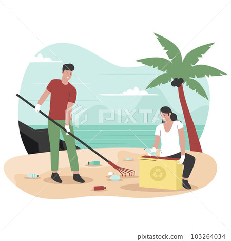 Flat design of people's clean up trash at sea beach. Illustration for website, landing page, mobile app, poster and banner. Trendy flat vector illustration Flat design of people's clean up trash at sea beach. Illustration for website, landing page, mobile app, poster and banner. Trendy flat vector illustration 103264034