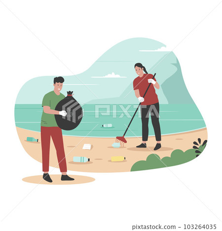 Flat design of people's clean up trash at sea beach. Illustration for website, landing page, mobile app, poster and banner. Trendy flat vector illustration Flat design of people's clean up trash at sea beach. Illustration for website, landing page, mobile app, poster and banner. Trendy flat vector illustration 103264035