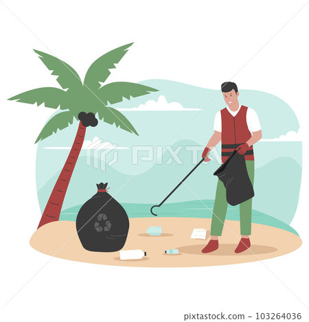 Flat design of beach workers clean up trash on the beach. Illustration for website, landing page, mobile app, poster and banner. Trendy flat vector illustration Flat design of beach workers clean up trash on the beach. Illustration for website, landing page, mobile app, poster and banner. Trendy flat vector illustration 103264036
