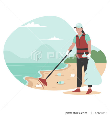 Flat design of beach workers clean up trash on the beach. Illustration for website, landing page, mobile app, poster and banner. Trendy flat vector illustration Flat design of beach workers clean up trash on the beach. Illustration for website, landing page, mobile app, poster and banner. Trendy flat vector illustration 103264038