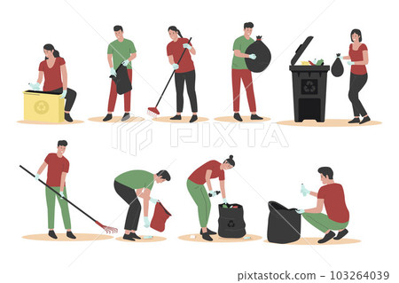 Flat design of people cleaning trash set collections. Illustration for website, landing page, mobile app, poster and banner. Trendy flat vector illustration Flat design of people cleaning trash set collections. Illustration for website, landing page, mobile app, poster and banner. Trendy flat vector illustration 103264039