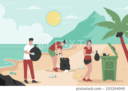 Flat design of people cleaning up beach from wastes. Illustration for website, landing page, mobile app, poster and banner. Trendy flat vector illustration Flat design of people cleaning up beach from wastes. Illustration for website, landing page, mobile app, poster and banner. Trendy flat vector illustration 103264040