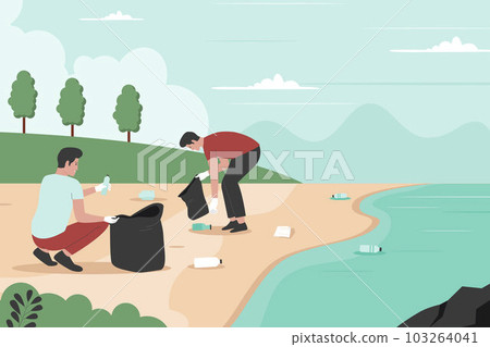 Flat design of people cleaning up beach from wastes. Illustration for website, landing page, mobile app, poster and banner. Trendy flat vector illustration Flat design of people cleaning up beach from wastes. Illustration for website, landing page, mobile app, poster and banner. Trendy flat vector illustration 103264041