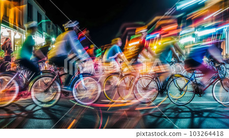 Group colorful cyclists on city road, night, illumination. Concept of sport. Abstract blurred background Generative AI 103264418