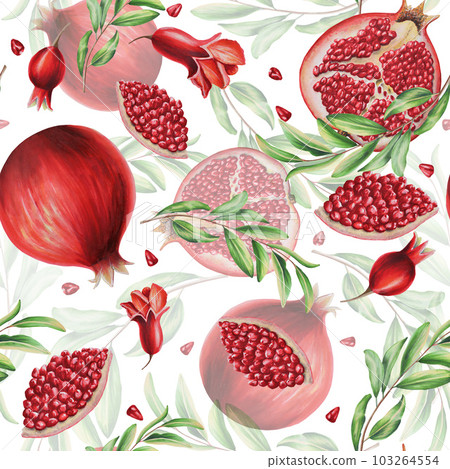 Watercolor seamless pattern with pomegranate seeds and flowers and leafs isolated. Half and a slice of pomegranate. Hand drawn realistic tasty organic garnet red fruit. For designers, Valentine's Day Watercolor seamless pattern with pomegranate seeds and flowers and leafs isolated. Half and a slice of pomegranate. Hand drawn realistic tasty organic garnet red fruit. For designers, Valentine's Day 103264554