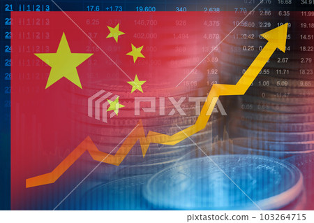 China flag with stock market finance, economy trend graph digital technology. China flag with stock market finance, economy trend graph digital technology. 103264715