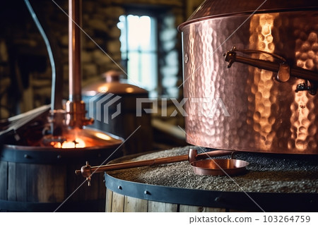 A close-up shot of a vintage copper still used for moonshine production, showcasing the craftsmanship and history behind the process. Generative Ai A close-up shot of a vintage copper still used for moonshine production, showcasing the craftsmanship and history behind the process. Generative Ai 103264759