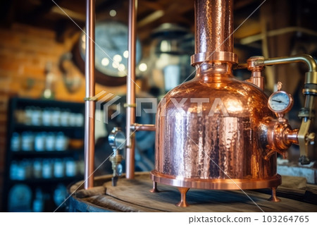 A close-up shot of a vintage copper still used for moonshine production, showcasing the craftsmanship and history behind the process. Generative Ai A close-up shot of a vintage copper still used for moonshine production, showcasing the craftsmanship and history behind the process. Generative Ai 103264765