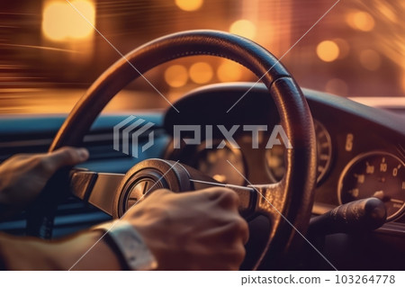 A close-up image of a driver's hand firmly gripping the steering wheel as their car overtakes, with a blurred background, focusing on the driver's determination and control. Generative AI 103264778