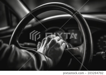 A close-up image of a driver's hand firmly gripping the steering wheel as their car overtakes, with a blurred background, focusing on the driver's determination and control. Generative AI 103264782
