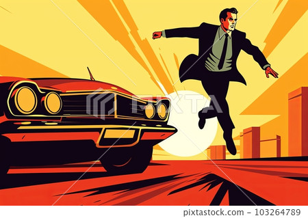 Illustration of a secret agent escaping from a pursuing vehicle, jumping over obstacles , exemplifying their resourcefulness and ability to think on their feet. Generative AI Illustration of a secret agent escaping from a pursuing vehicle, jumping over obstacles , exemplifying their resourcefulness and ability to think on their feet. Generative AI 103264789