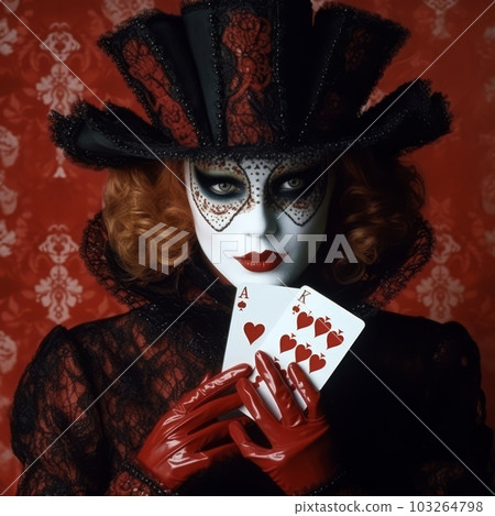 Mysterious masked woman holding a playing card, alluding to the themes of deception and hidden identities. Generative AI 103264798