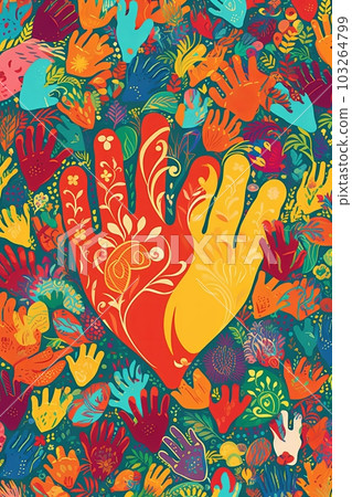 Illustration of hands reaching out and forming a heart shape, filled with vibrant colors and patterns, symbolizing love, unity, and the spirit of Pride. Generative AI 103264799