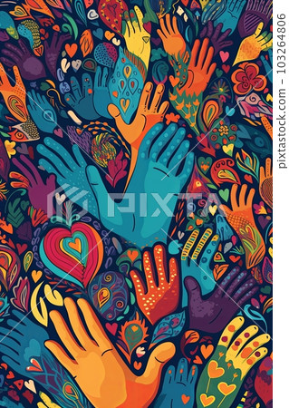 Illustration of hands reaching out and forming a heart shape, filled with vibrant colors and patterns, symbolizing love, unity, and the spirit of Pride. Generative AI Illustration of hands reaching out and forming a heart shape, filled with vibrant colors and patterns, symbolizing love, unity, and the spirit of Pride. Generative AI 103264806
