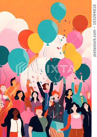 Illustration of a diverse group of people of different genders and sexual orientations coming together for a Pride celebration, with colorful balloons and confetti. Generative AI 103264818