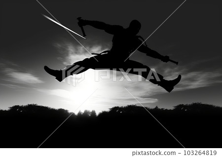 Dramatic silhouette of samurai in action, leaping through the air with his weapons drawn, showcasing his agility and combat skills. Generative AI Dramatic silhouette of samurai in action, leaping through the air with his weapons drawn, showcasing his agility and combat skills. Generative AI 103264819