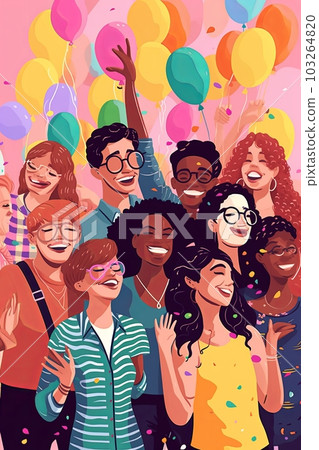 Illustration of a diverse group of people of different genders and sexual orientations coming together for a Pride celebration, with colorful balloons and confetti. Generative AI Illustration of a diverse group of people of different genders and sexual orientations coming together for a Pride celebration, with colorful balloons and confetti. Generative AI 103264820