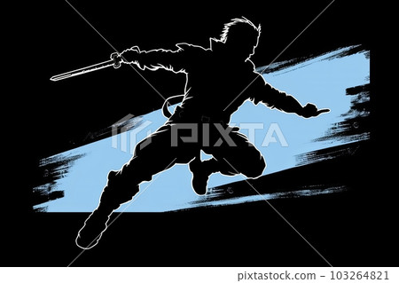Dramatic silhouette of samurai in action, leaping through the air with his weapons drawn, showcasing his agility and combat skills. Generative AI 103264821