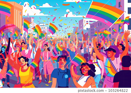 Illustration of a Pride parade with vibrant floats, marching bands, and people waving flags, showcasing the energy and joy of the event. Generative AI Illustration of a Pride parade with vibrant floats, marching bands, and people waving flags, showcasing the energy and joy of the event. Generative AI 103264822