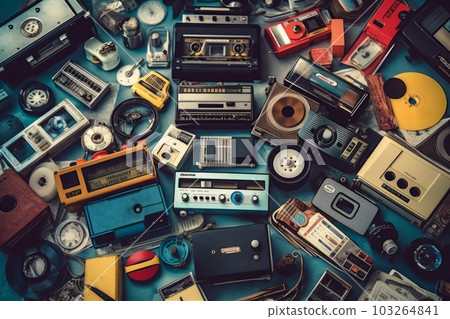 A collage of retro objects such as cassette tapes, floppy disks, and vintage electronics, creating a nostalgic atmosphere. Generative AI 103264841