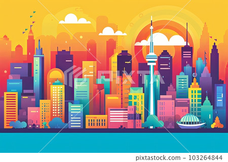 Illustration of a rainbow-colored cityscape with iconic landmarks, representing the global reach and acceptance of the LGBTQ community. Generative AI 103264844