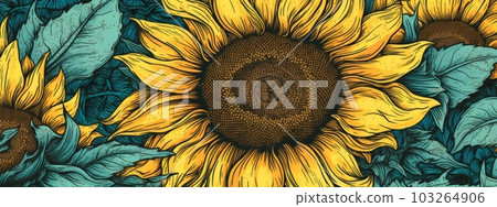 An illustrative banner showcasing a close-up of a blooming sunflower with intricate details, capturing the radiant beauty and warmth of nature. Generative AI 103264906