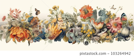 An intricate botanical banner illustration, featuring various types of flowers and foliage woven together to form an elaborate and visually stunning pattern. Generative AI 103264942