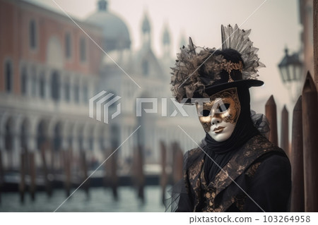 An image of a mysterious figure wearing a Venetian Carnival Mask, standing against a backdrop of the iconic Venetian canals and gondolas, evoking the allure and elegance of Venice. Generative AI An image of a mysterious figure wearing a Venetian Carnival Mask, standing against a backdrop of the iconic Venetian canals and gondolas, evoking the allure and elegance of Venice. Generative AI 103264958