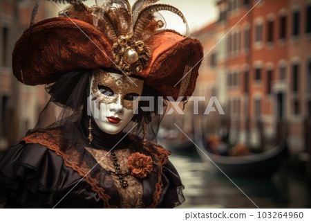 An image of a mysterious figure wearing a Venetian Carnival Mask, standing against a backdrop of the iconic Venetian canals and gondolas, evoking the allure and elegance of Venice. Generative AI An image of a mysterious figure wearing a Venetian Carnival Mask, standing against a backdrop of the iconic Venetian canals and gondolas, evoking the allure and elegance of Venice. Generative AI 103264960