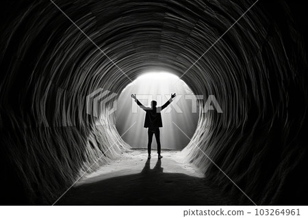 An image of a person emerging from a dark tunnel towards the light, symbolizing the transformation and rebirth associated with the resurrection. Generative Ai An image of a person emerging from a dark tunnel towards the light, symbolizing the transformation and rebirth associated with the resurrection. Generative Ai 103264961