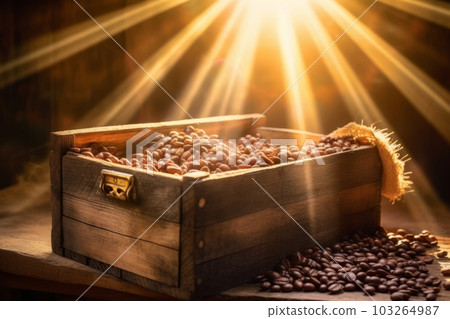 Weathered wooden crate filled with freshly harvested coffee beans, with rays of sunlight streaming through, highlighting the natural and organic aspect of coffee production. Generative AI Weathered wooden crate filled with freshly harvested coffee beans, with rays of sunlight streaming through, highlighting the natural and organic aspect of coffee production. Generative AI 103264987