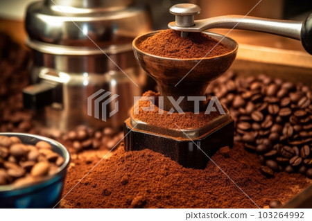 Close-up of a coffee grinder in action, with coffee beans being transformed into a fine powder. Generative Ai Close-up of a coffee grinder in action, with coffee beans being transformed into a fine powder. Generative Ai 103264992