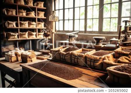 Rustic wooden coffee processing station, with bags of coffee beans stacked neatly, conveying the craftsmanship and attention to detail involved in the coffee production process. Generative AI Rustic wooden coffee processing station, with bags of coffee beans stacked neatly, conveying the craftsmanship and attention to detail involved in the coffee production process. Generative AI 103265002