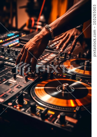 A close-up shot of a DJ's hands on the turntables, showcasing the technical skills and artistry involved in mixing music. Generative AI A close-up shot of a DJ's hands on the turntables, showcasing the technical skills and artistry involved in mixing music. Generative AI 103265003