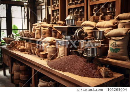 Rustic wooden coffee processing station, with bags of coffee beans stacked neatly, conveying the craftsmanship and attention to detail involved in the coffee production process. Generative AI 103265004