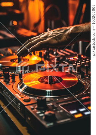 A close-up shot of a DJ's hands on the turntables, showcasing the technical skills and artistry involved in mixing music. Generative AI A close-up shot of a DJ's hands on the turntables, showcasing the technical skills and artistry involved in mixing music. Generative AI 103265005