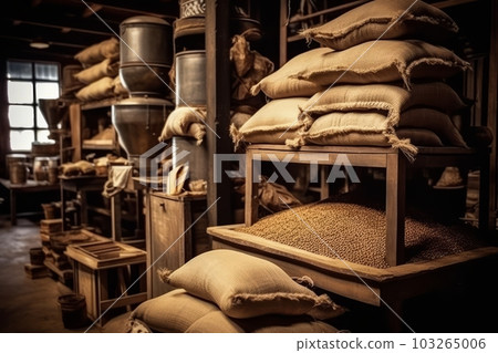 Rustic wooden coffee processing station, with bags of coffee beans stacked neatly, conveying the craftsmanship and attention to detail involved in the coffee production process. Generative AI Rustic wooden coffee processing station, with bags of coffee beans stacked neatly, conveying the craftsmanship and attention to detail involved in the coffee production process. Generative AI 103265006