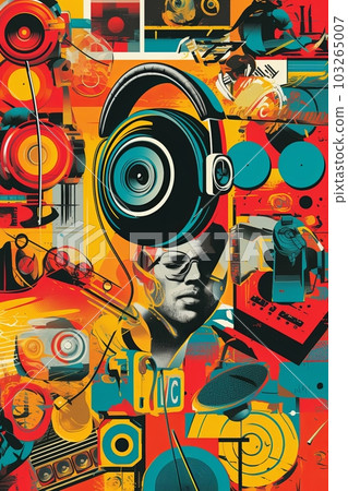 A collage of different music-related elements such as vinyl records, headphones, and speakers, representing the diverse genres and elements of dance music. Generative Ai 103265007