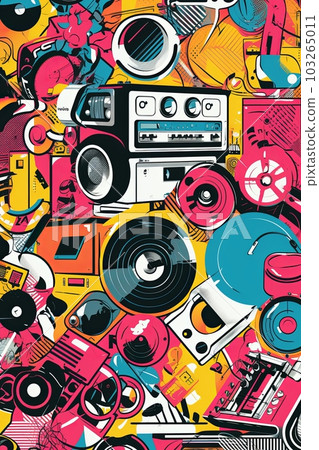 A collage of different music-related elements such as vinyl records, headphones, and speakers, representing the diverse genres and elements of dance music. Generative Ai 103265011