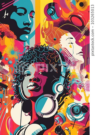 A collage of different music-related elements such as vinyl records, headphones, and speakers, representing the diverse genres and elements of dance music. Generative Ai A collage of different music-related elements such as vinyl records, headphones, and speakers, representing the diverse genres and elements of dance music. Generative Ai 103265013