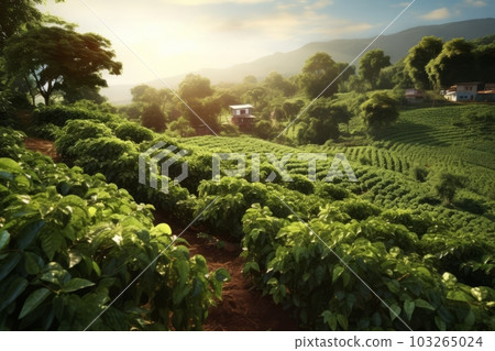Rustic coffee plantation scene, showcasing rows of lush, green coffee plants, with ripe, red coffee cherries ready for harvest. Generative Ai 103265024
