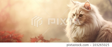 Cat in soft beige background banner with copy space. Generative AI 103265025
