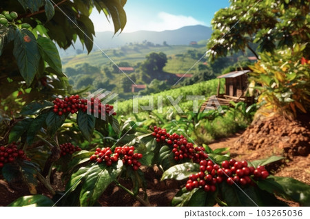 Rustic coffee plantation scene, showcasing rows of lush, green coffee plants, with ripe, red coffee cherries ready for harvest. Generative Ai 103265036