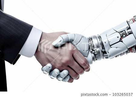 Robot and businessman in handshake on white background. Generative Ai Robot and businessman in handshake on white background. Generative Ai 103265037
