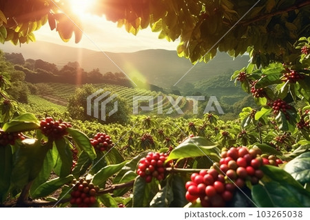 Rustic coffee plantation scene, showcasing rows of lush, green coffee plants, with ripe, red coffee cherries ready for harvest. Generative Ai 103265038